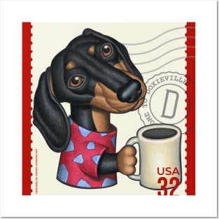 Funny Sausage Doxie dog drinking a cup of coffee Posters and Art